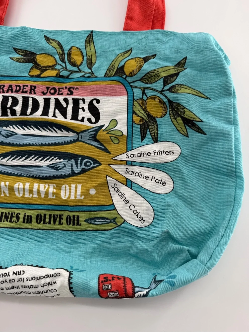 Trader Joe’s Canvas Tote Bag Grocery Sardines Trader Joe Blue Red Fish Fabric